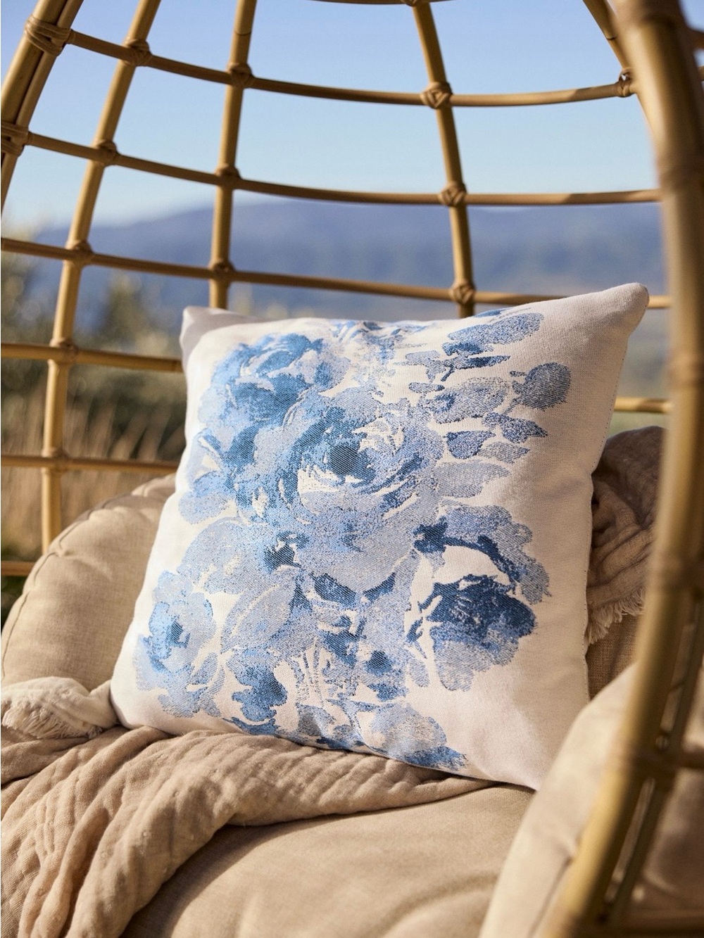 Anthropologie terrain Sunbrella® Watercolor Rose Outdoor Pillow, Blue